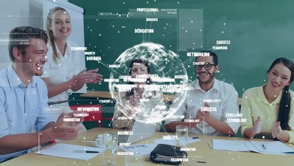 Poster - Animation of business concept texts over globe over diverse colleagues clapping together at office