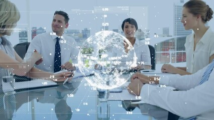 Poster - Animation of spinning globe against diverse businesspeople shaking hands with each other at office