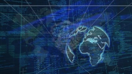 Poster - Animation of blue digital wave over spinning globe, world map and security padlock