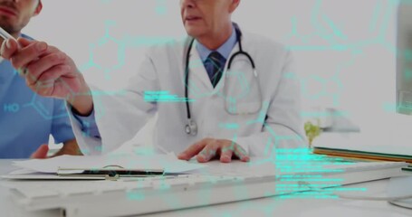 Wall Mural - Animation of data processing on diverse senior male doctor health worker discussing over xray report