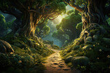 Fototapeta  - A mystical forest path with ancient trees and a hint of enchantment. Concept of adventure and magic. Generative Ai.