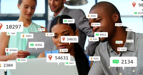 Poster - Composite of notification icons with changing numbers over diverse colleagues discussing over laptop