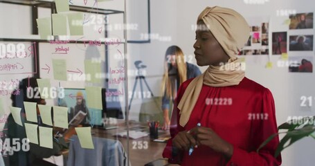 Poster - Animation of changing numbers over african american sticking memo notes on glasboard at office