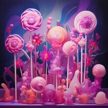 AI generated illustration of a vibrant display of assorted pink lollipops and candy