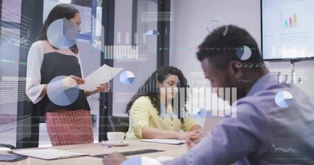 Poster - Animation of multiple graphs and trading board over diverse coworkers discussing report in office