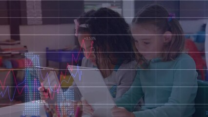 Poster - Animation of multiple graphs with changing numbers over diverse girls using digital tablet