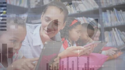Poster - Animation of infographic interface, diverse female teacher looking at student using digital tablet