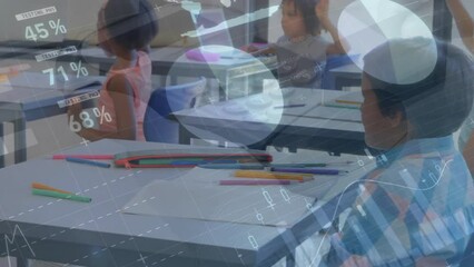 Poster - animation of infographic interface over diverse girl asking questions and children raising hands