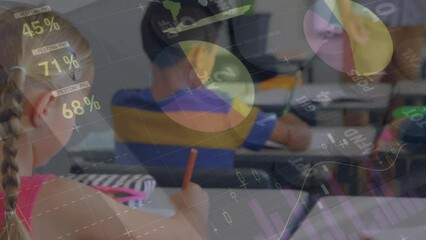 Poster - animation of multicolored infographic interface over diverse teacher teaching students on whiteboard
