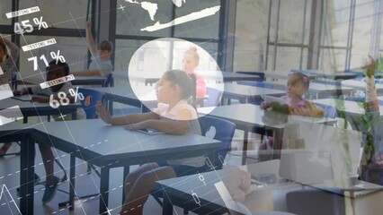 Poster - animation of infographic interface, diverse students with laptop and digital tablet raising hands
