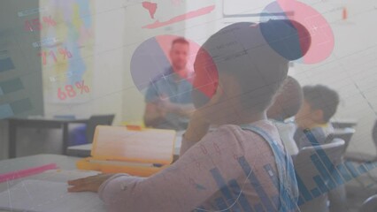 Poster - animation of infographic interface over diverse students and teacher clapping in classroom