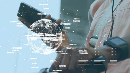 Poster - Animation of globe with connections over biracial man using smartphone