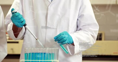 Poster - animation of scientific data processing over male scientist in laboratory