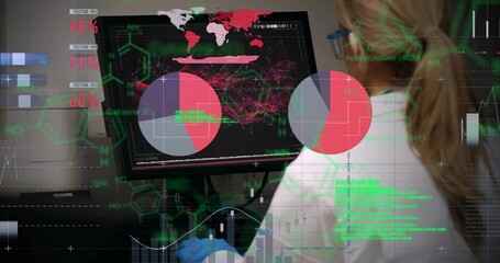 Poster - animation of scientific data processing over caucasian female scientist in laboratory