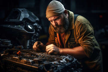 Poster - A mechanic under a car's hood, repairing the engine with grease-stained hands. Concept of automotive expertise and hard work. Generative Ai.
