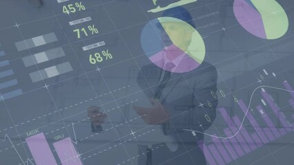 Poster - Animation of financial data processing over caucasian male architect with plans in office