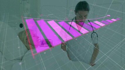 Poster - Animation of statistics and data processing over caucasian female doctor with patient