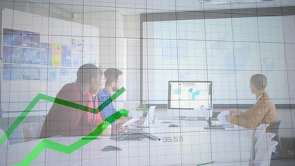 Poster - Animation of green lines financial data processing over diverse business people in office