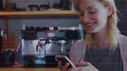 Poster - Animation of financial data processing over caucasian woman using smartphone
