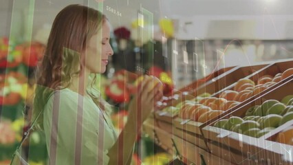 Poster - Animation of financial data processing over caucasian woman shopping in grocery store