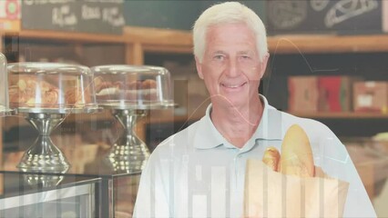 Poster - Animation of financial data processing over caucasian man shopping in grocery store