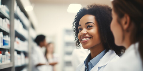 Smiling pharmacy technician assists customers with zeal