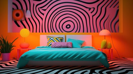 Sticker - A colorful bedroom with zebra print walls and a bed, AI