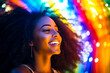 © MVProductions - Portrait of a joyful African American female, her vibrant spirit radiating through a genuine smile illuminated by rainbow light. Concept of pure happiness and positivity