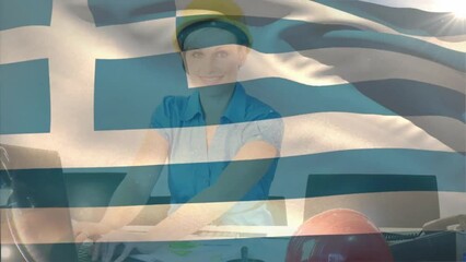 Poster - Animation of greece flag waving over smiling caucasian woman wearing helmet working on computer