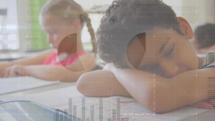 Poster - animation of infographic interface over tired biracial boy sleeping on bench in classroom
