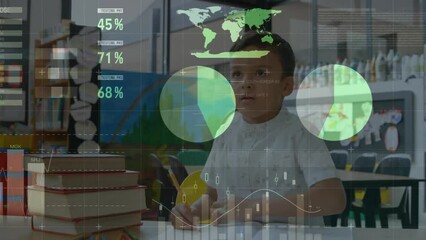 Poster - Animation of infographic interface over caucasian boy raising hand to ask question to teacher