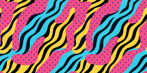 Abstract colorful neon print seamless pattern illustration in retro 80s style. Trendy background with creative line drawing.
