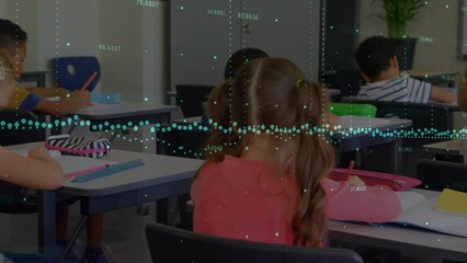 Poster - animation of multiple graphs with changing numbers over diverse students studying in classroom