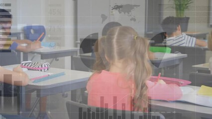 Poster - animation of infographic interface over diverse students studying in classroom