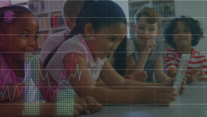 Poster - Animation of graphs with changing numbers over diverse children watching video on digital tablet