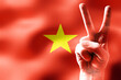 Vietnam - two fingers showing peace sign and national flag