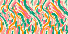 Colorful Abstract Brush Stroke Painting Seamless Pattern Illustration. Modern Paint Line Background In Fun Color. Messy Graffiti Sketch Wallpaper Print, Freehand Rough Hand Drawn Texture.