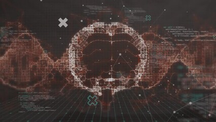 Poster - Animation of human digital brain and computer language with dots over black background