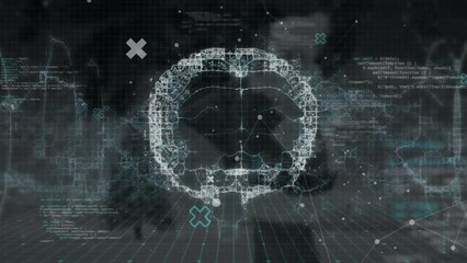 Poster - Animation of human digital brain and computer language with dots over black background