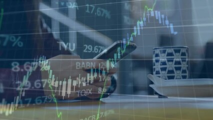 Poster - Animation of graphs and trading board over caucasian man chatting using cellphone in cafes