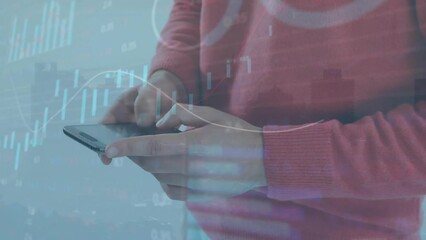 Poster - Animation of graphs, loading circles and trading board, midsection of caucasian man using cellphone