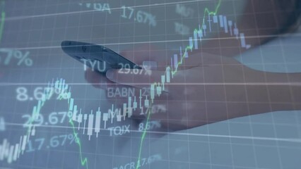 Poster - Animation of multiple graphs and trading board over caucasian woman scrolling on smartphone