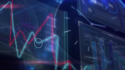 Fototapete - Animation of graphs, map, trading board, loading circles, changing numbers over abstract background