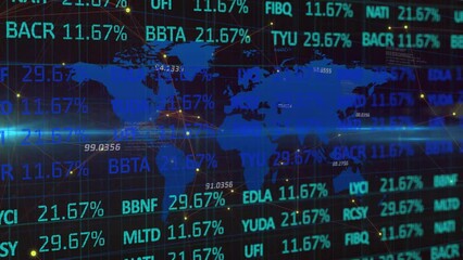 Poster - Animation of lens flare, numbers, trading board and map over black background