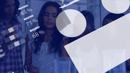 Poster - Animation of infographic interface over diverse coworkers sharing ideas in office