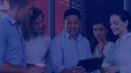 Poster - Animation of graphs and trading boards over diverse coworkers discussing reports on digital tablet