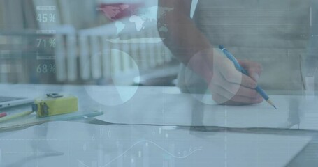 Poster - Animation of infographic interface, time lapse of people, caucasian woman drawing using pencil
