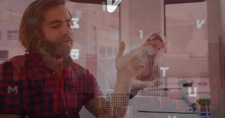 Poster - Animation of changing numbers and letter, modern buildings, caucasian man talking on video call