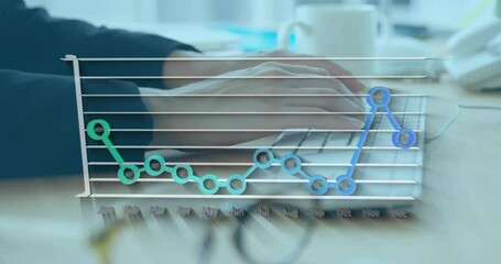 Poster - Animation of graph on lines over cropped hands of caucasian woman typing on keyboard of computer