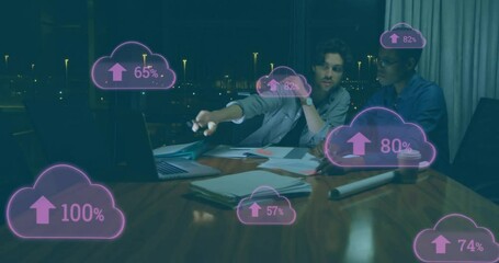 Poster - Animation of changing numbers and arrow in clouds over diverse coworkers discussing reports